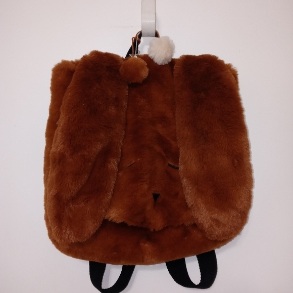 Zara Girls Fluffy Brown floppy ear Bunny lined BackPack w Embroidered Face 12x12 - Picture 1 of 9